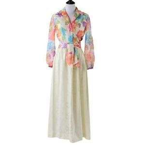 Vintage 1960s-70s Pastel Floral Hostess Gown Maxi Dress Small
